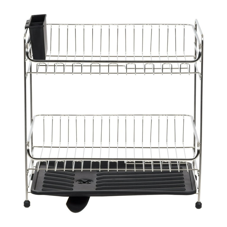 IRIS 2 Tier Stainless Steel Dish Drying Rack with Plastic Drain Black