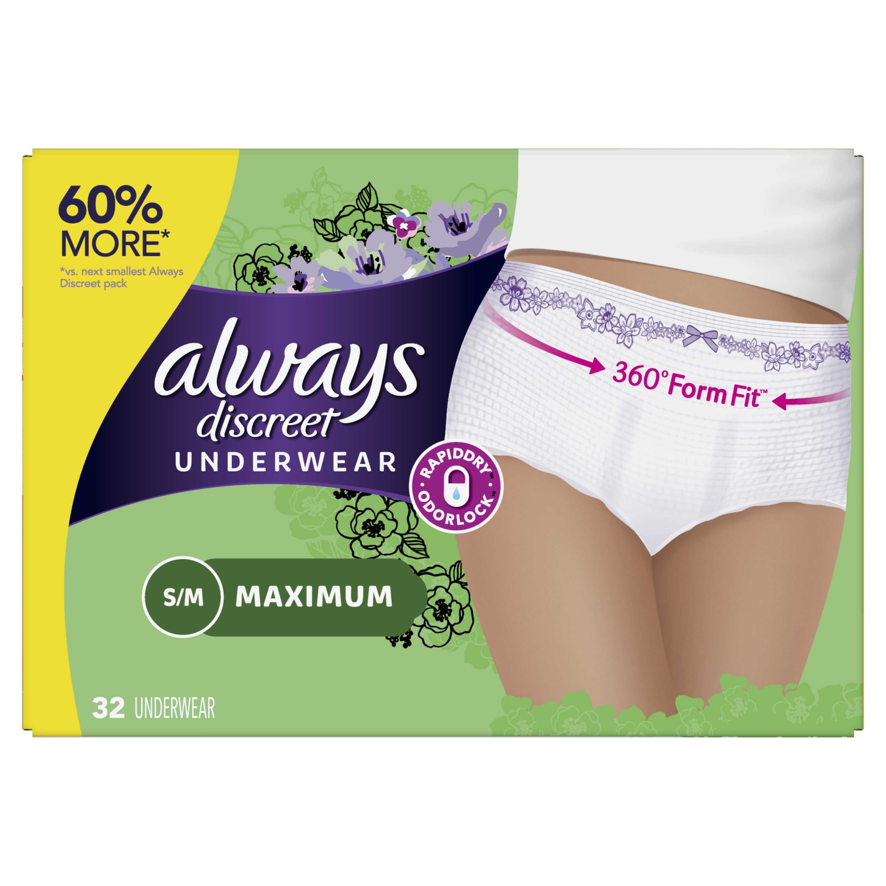 Always Discreet Incontinence Max Protection Underwear, SM/MED, 32 ct
