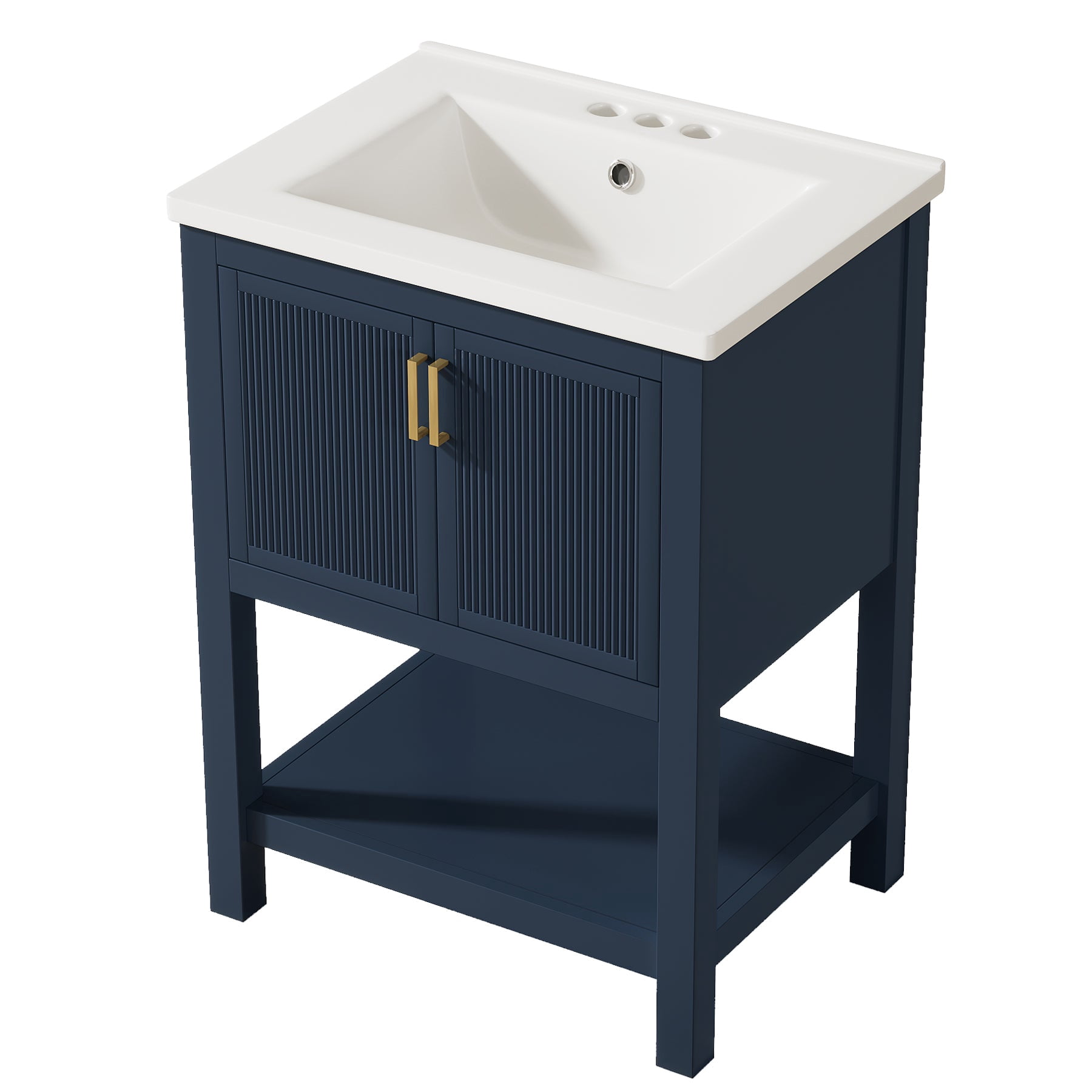 Fnova 24" Bathroom Vanity with Sink, Modern Bathroom Sink Cabinet with Ceramic Basin for Small Space, Freestanding Storage Cabinet with 2 Doors & 1 Open Shelf, Navy Blue