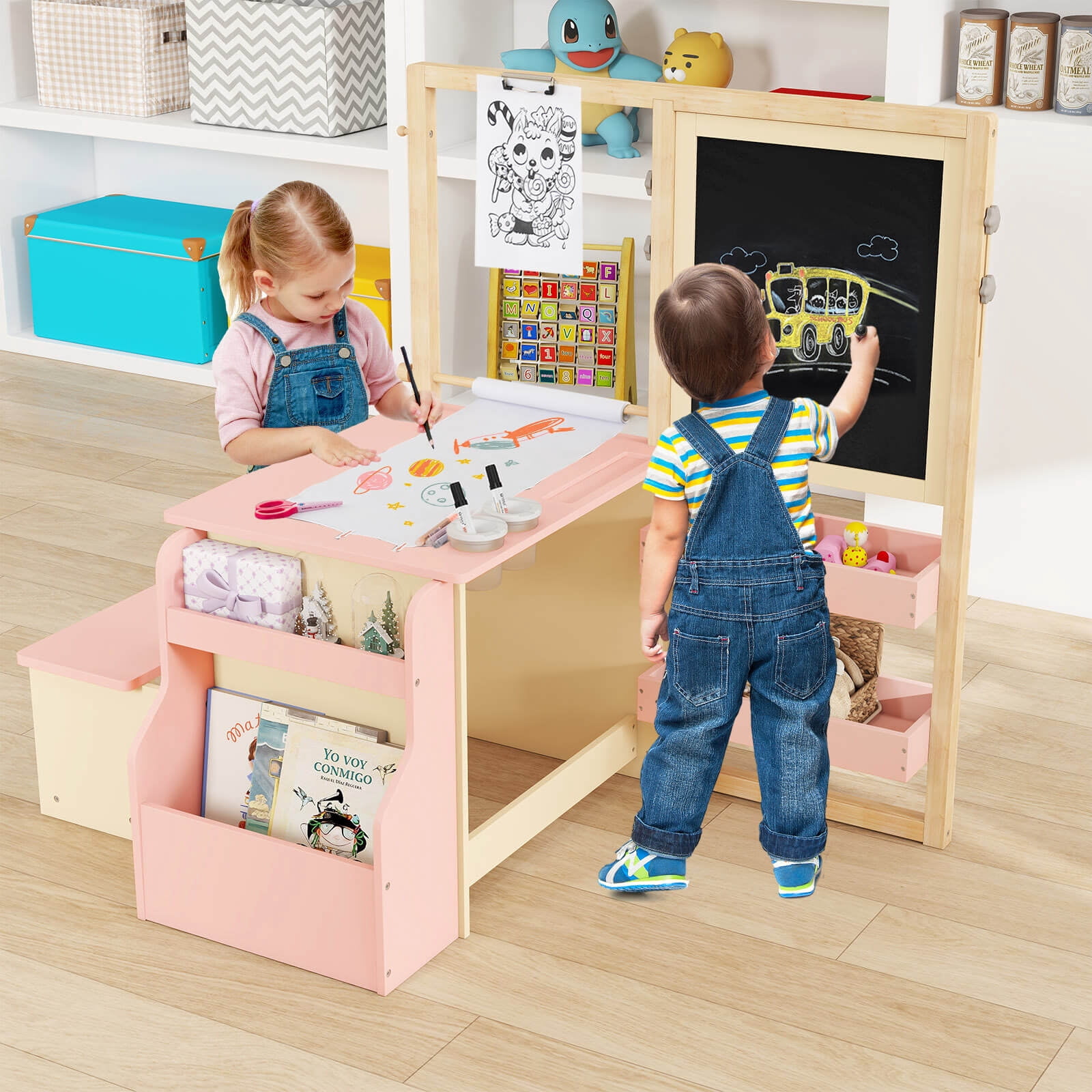 Costway Kids Art Easel & Table & Bench Set with Double-Sided Adjustable Easel, Blackboard Pink