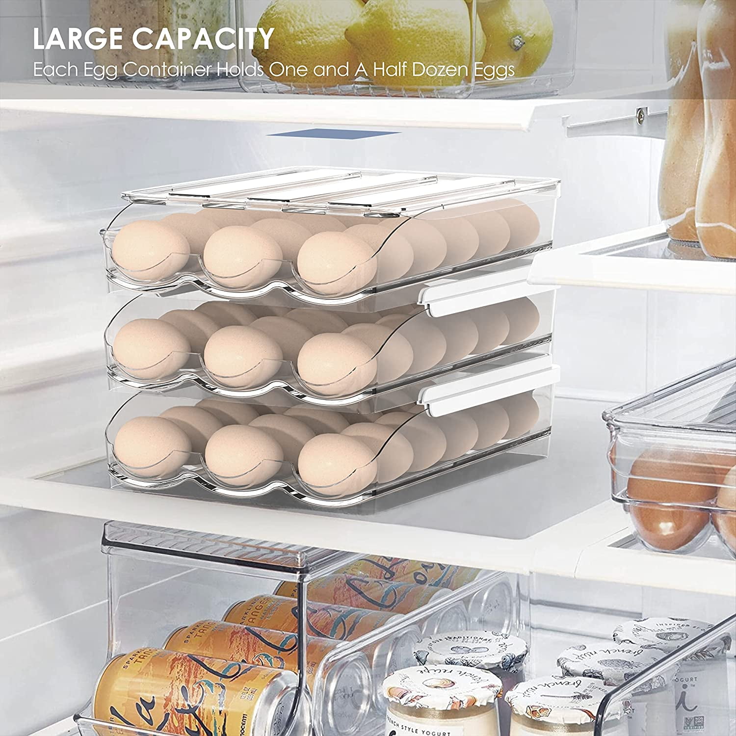 SUNFICON Egg Holder Storage Box with Lid Automatic Rolling Egg Container for Refrigerator Kitchen Egg Tray Organizer Bin for Household (3 layers)