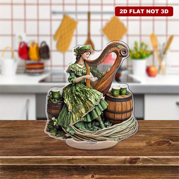 Rotating acrylic display features a woman in a festive green outfit playing a harp on a barrel surrounded by reeds shamrocks and vibrant decor