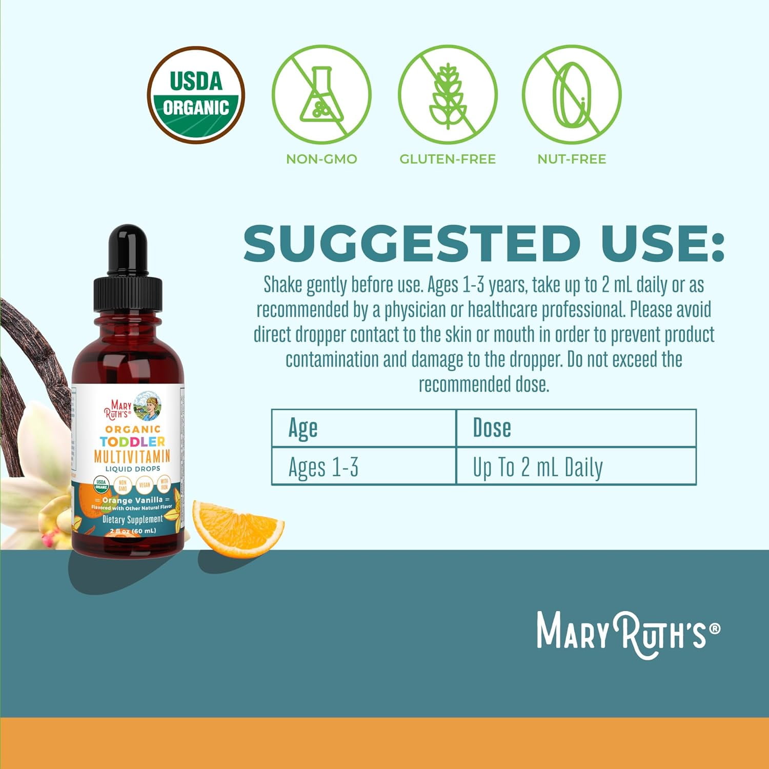 MaryRuth's Organic Toddler Multivitamin Liquid Drops with Iron Orange Vanilla Vegan, Non-GMO 2 fl oz / 60 ml Overall Wellness