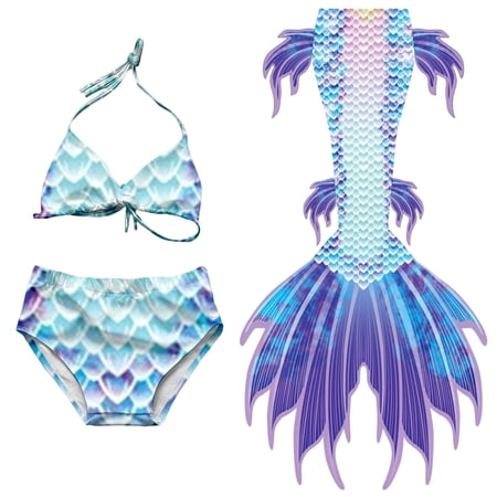 Lkhaha Girls Swim Suits Fish Scale Print Halter Lace Up Bikini Tail 3 Piece Set Athletic Swimwear Light Purple 15-16 Years