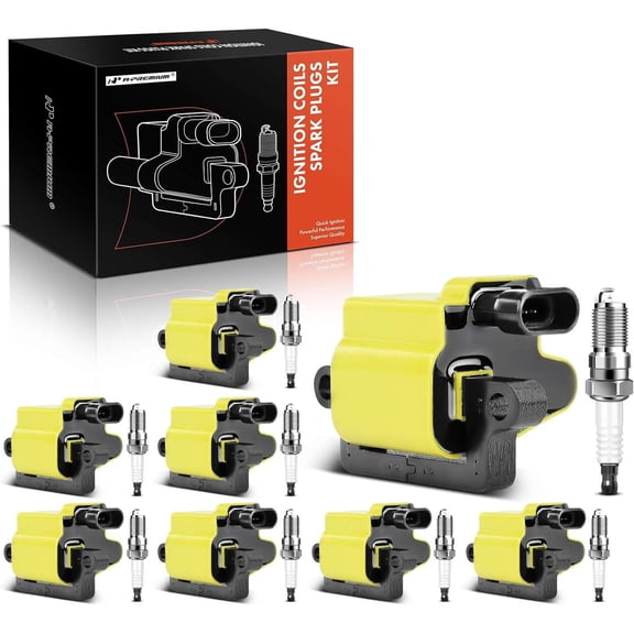 A-Premium Set of 8 (Yellow) Ignition Coil Pack and Iridium Spark Plugs Compatible with Chevrolet Silverado GMC Sierra 1500 2500 Tahoe Yukon Buick Cadillac Hummer, Replace# 12556893