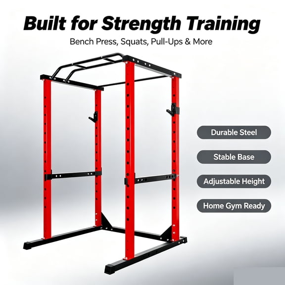 Power Cage Squat Rack, All-In-One Home Gym Weight Lifting Station with Pull-Up Bar, 14-Level Adjustable Squat Stand for Bench Press & Deep Squat