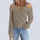 thumbnail image 3 of Blusa de manga larga de moda de color sólido con diseño recortado y hombros descubiertos para mujer para ir de compras en casa Caqui XXL, 3 of 6