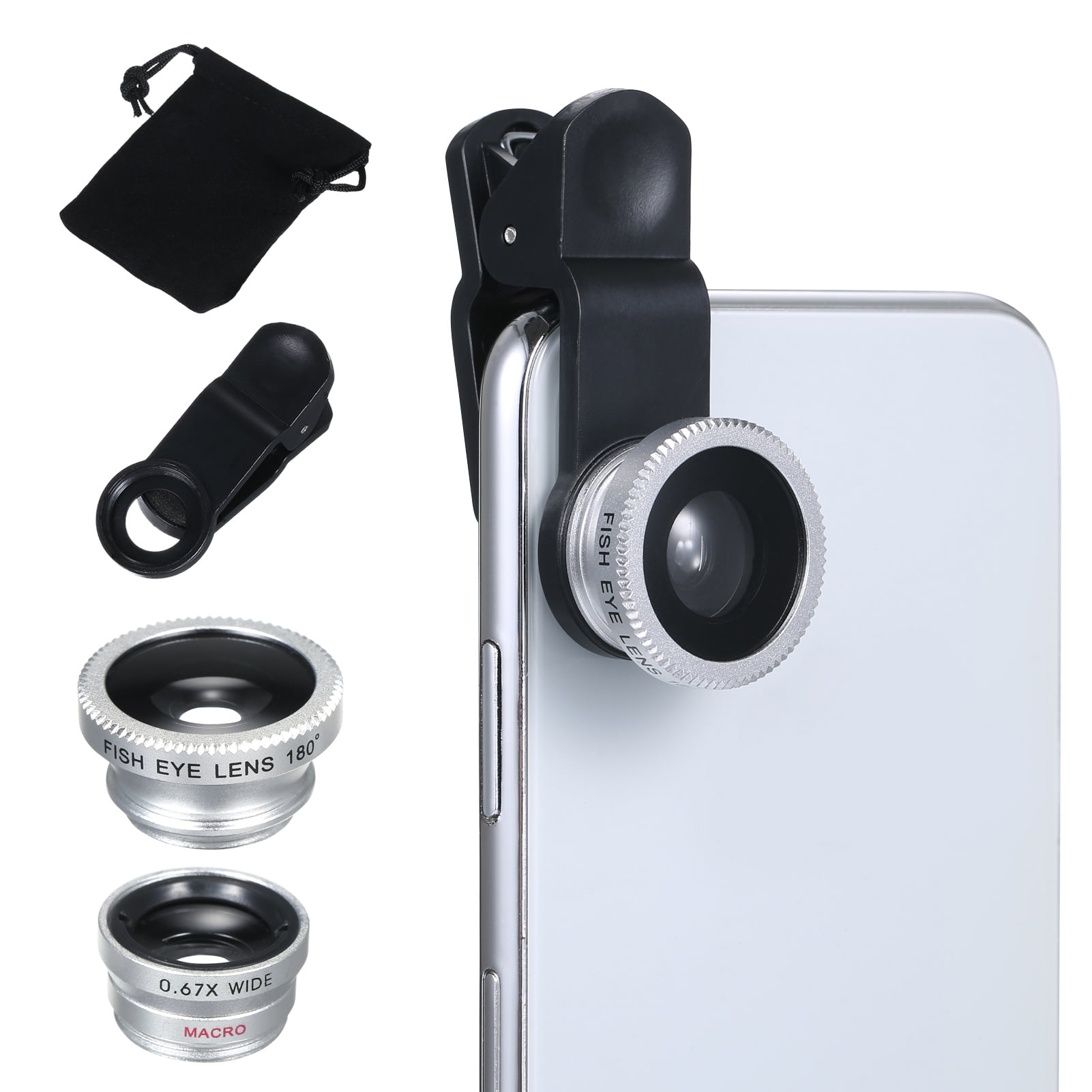 Htovila Mobile Phone 3 in 1 Camera Lens Kit Clip-on Phone Lens Kit 180° Fisheye Lens & 0.67X Wide Angle Lens & Macro Lens with Clip Pouch Compatible with iOS Android Phones