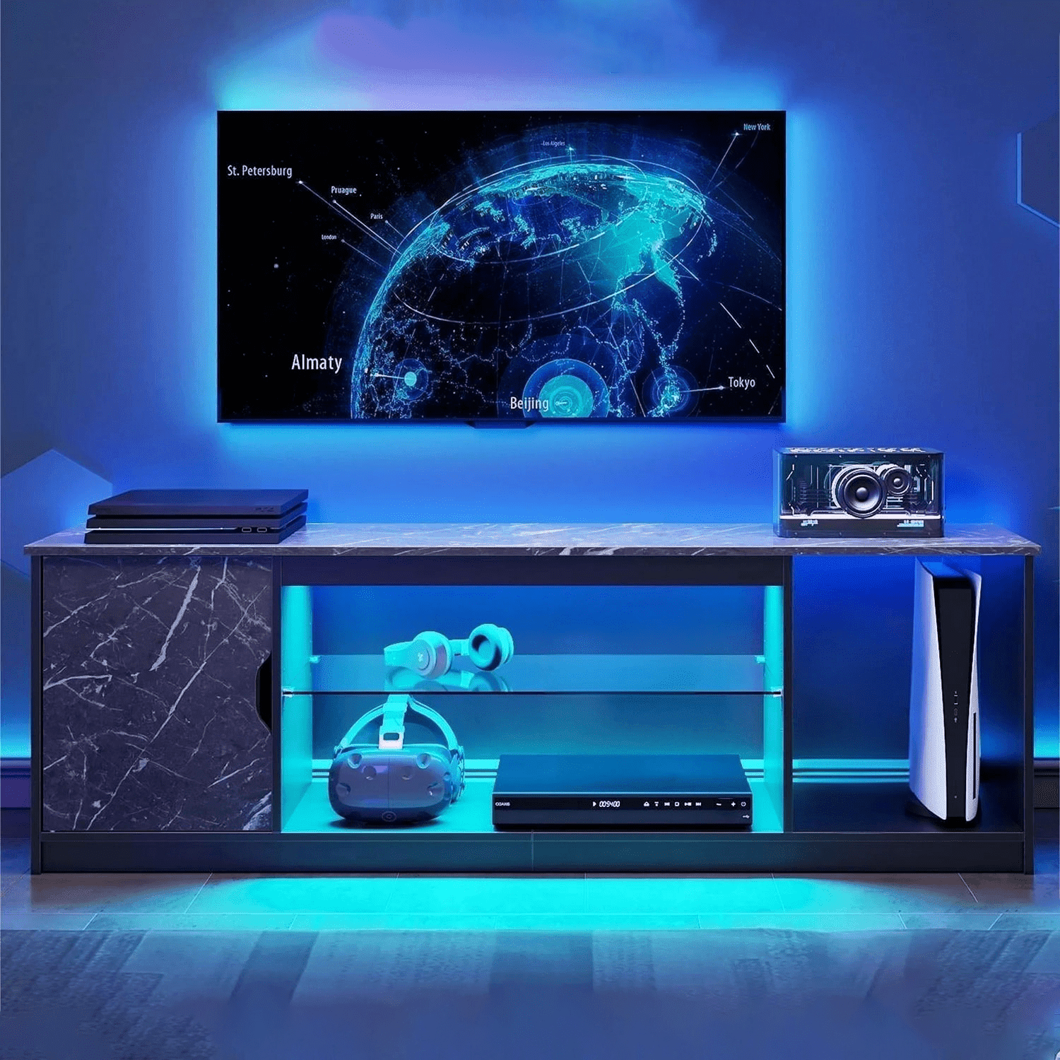 Bestier LED TV Stand for 60/65 inch TV PS5 Gaming Entertainment Center for TVs with Storage Cabinet for Living Room, Black Marble