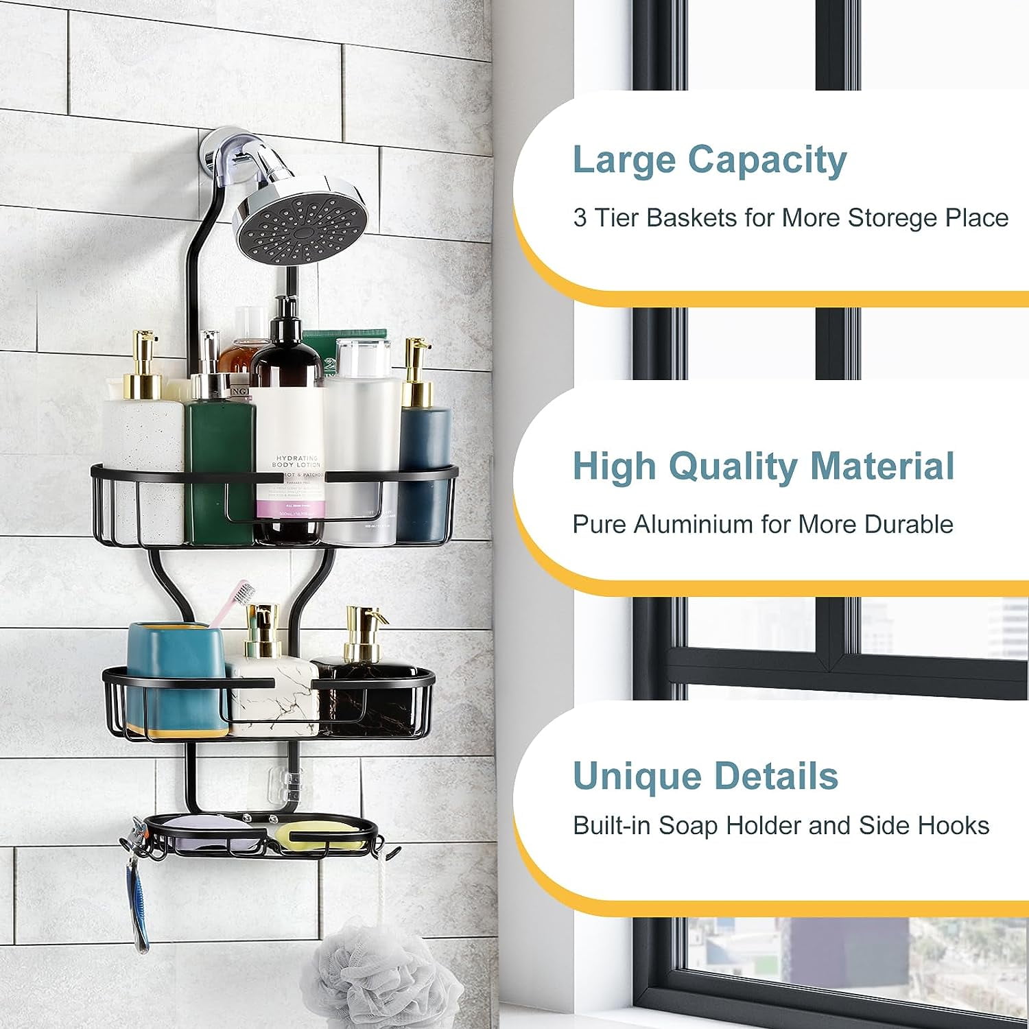 Over Shower Head Shower Caddy 3 Tier Hanging Organizer with Soap Holder and Hooks, Black