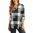 thumbnail image 3 of Uhndy Size S-5XL Women Long Sleeve Plaid Tunic Shirt V Neck Pullover Blouse Tops Ladies New Fall Winter Roll-up Shirt Baggy Color Block Checked T Shirt Tops gray 4XL, 3 of 5