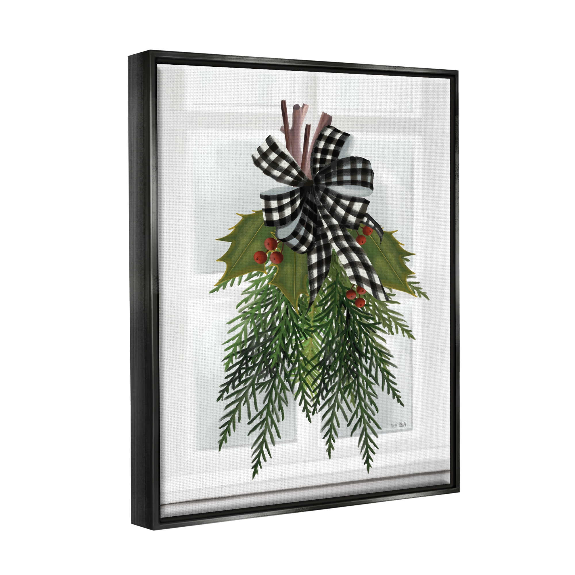 Stupell Industries Hanging Holly Botanicals Mistletoe Seasonal Winter Flowers Graphic Art Jet Black Floating Framed Canvas Print Wall Art, Design by House Fenway