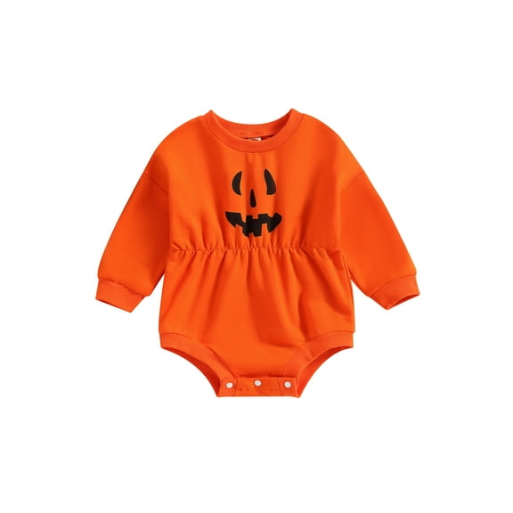 Wassery Infant Baby Halloween Sweatshirt Jumpsuit Round Neck Long Sleeve Pumpkin Face Print Romper 3 6 12 18 24 Months Toddler Fall Clothes