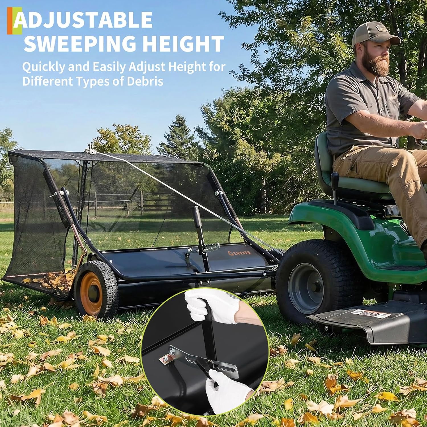 Garvee Tow Behind Lawn Sweeper, 44 Inch Pull Behind Lawn Sweeper, 26 cu. ft Large Hopper Leaf Collector, Heavy Duty Yard Sweeper with Adjustable Brush Height Lever for Yard and Grass Cleanup Tool
