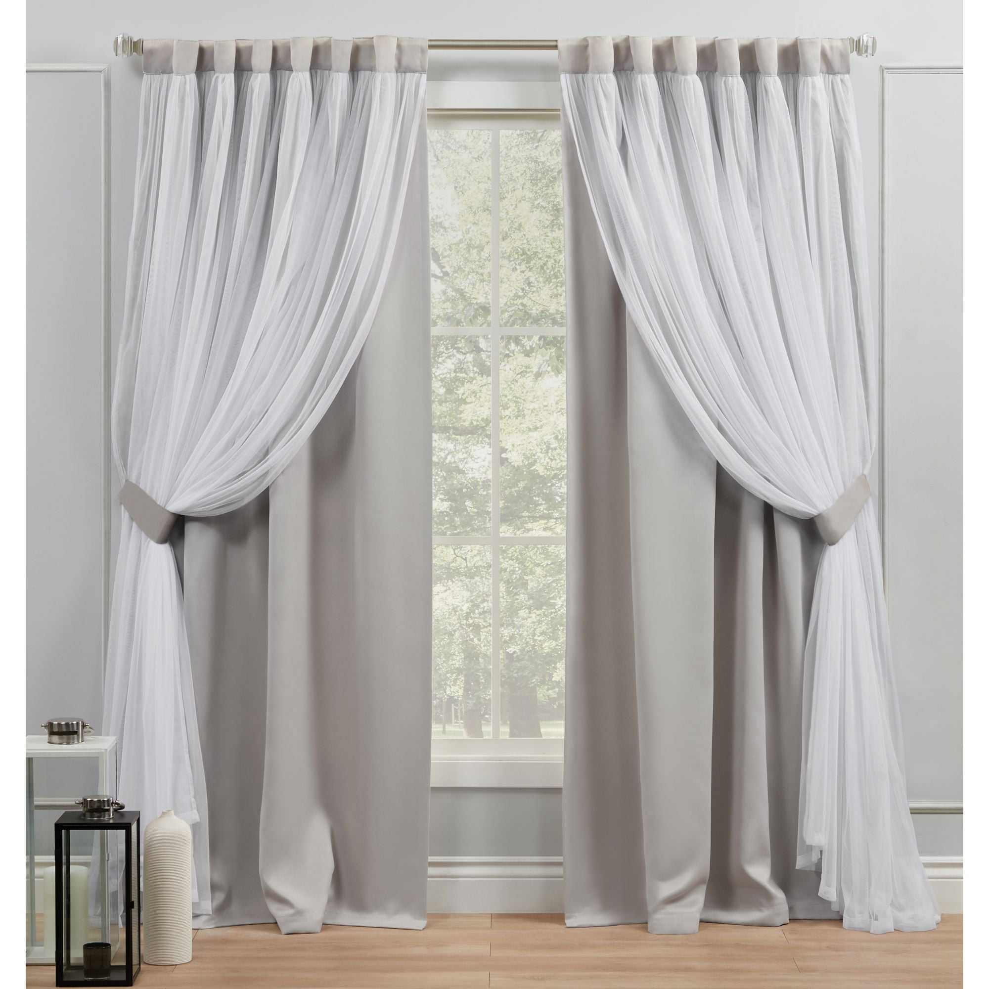 Exclusive Home Catarina Layered Solid Room Darkening Blackout and Sheer Hidden Tab/Rod Pocket Top Curtain Panel Pair, 52"x84", Cloud Grey, Set of 2