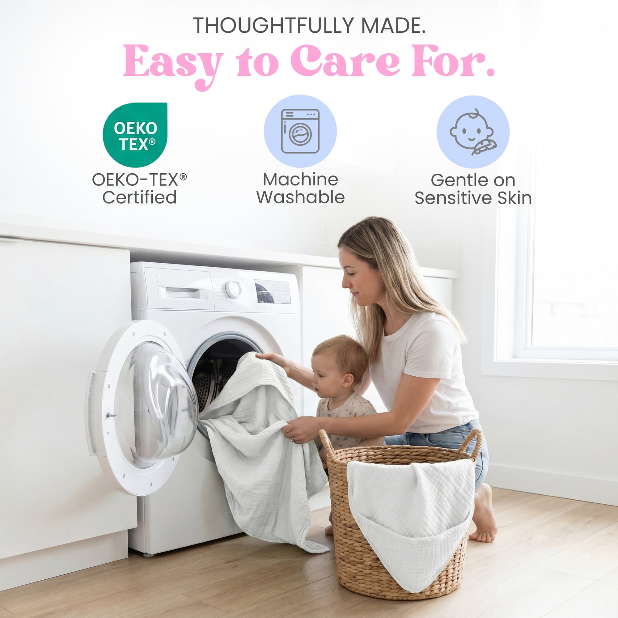 Mère & Moi: Muslin Hooded Baby Bath Towel – 2 Pack, White - 30", Ultra Soft Cotton, Absorbent, Quick-Dry, Oeko-TEX, Pool-Water, Newborn-Toddler Care