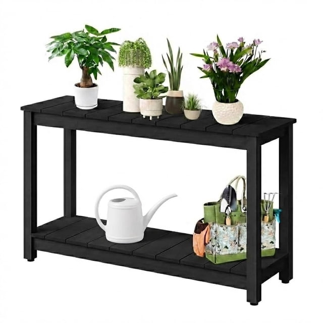 QinaQin Outdoor Patio Side Table - 48-Inch Double-Layer Wooden Patio Table with Weather-Resistant Coating, All-Weather Buffet Storage Table, Suitable for Porches, Entrances, and Gardens