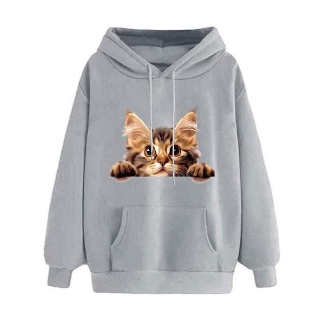 Chandail à Capuche Graphique Chat Mignon pour Femmes, Confort Décontracté, Robe à Capuche Athlétique avec Fermeture Éclair, Chandails en Molleton et Tuniques Longues pour Dormir
