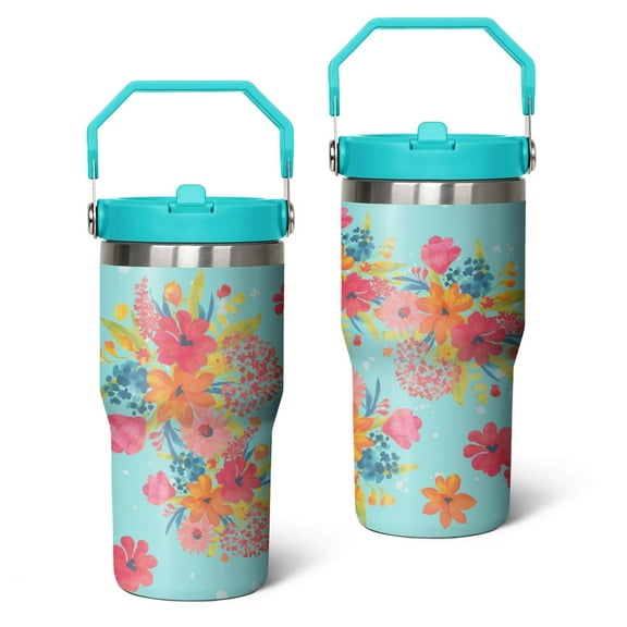 20oz Pioneer Colorful Floral Stainless Steel Flip Straw Tumbler with Lid and Straw Spill Proof Travel Cup Double Wall Vacuum Insulated Coffee Mug with Top Handled Greenish-blue