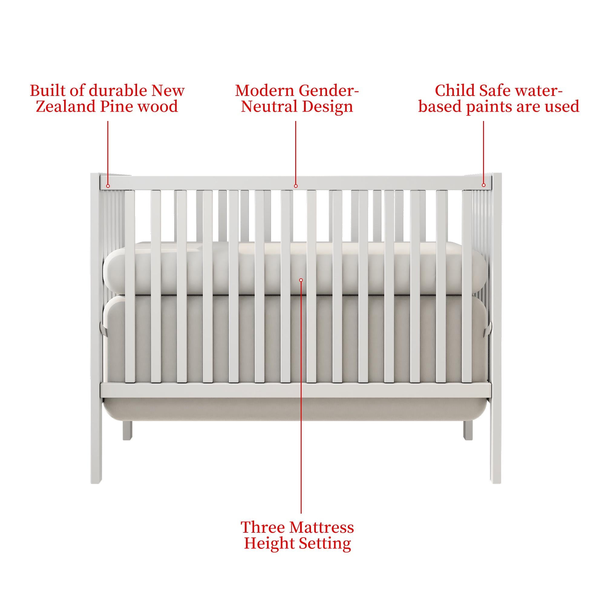HSUNNS 5-in-1 Convertible Crib, Baby Crib with Slats, Certified Baby Safe Crib, Converts from Baby Crib to Toddler Bed, Easy Assembly, 3 Adjustable Heights, White