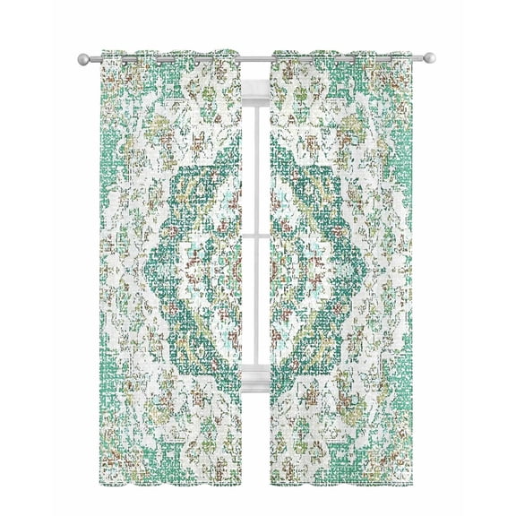 Turquoise Boho Sheer Curtains 63 Inch Length 2 Panels Set for Living Room/Bedroom, Vintage Abstract Art Floral Ethnic Tribe Kitchen Curtains Grommet Semi-Sheer Curtains Window Treatments 42"x63"x2