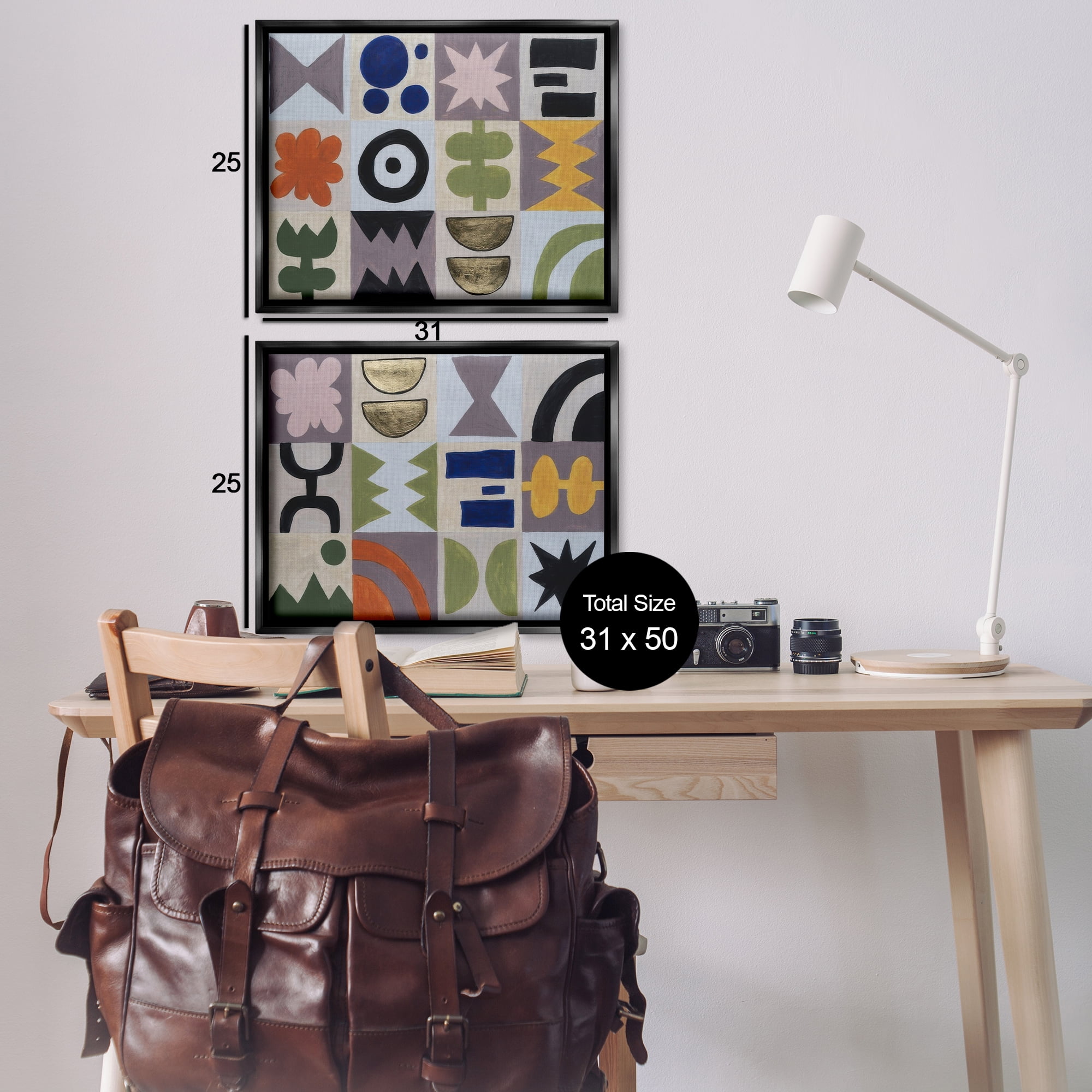 Stupell Industries Bohemian Shapes Squares Abstract Painting Black Floater Framed Canvas Art Print Wall Art, 31 x 25, Set of 2
