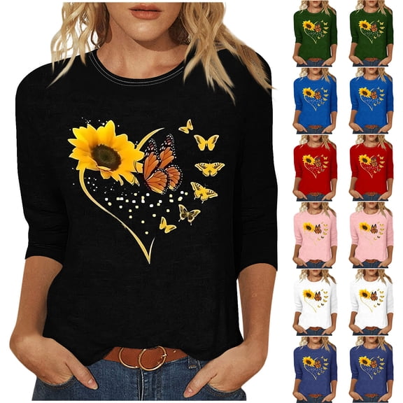 Jsaierl Women's 3/4 Sleeve Tops Plus Size Crew Neck Shirts Cute Print Ladies Blouses Going Out Holiday T-shirts Top S-2XL