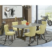 HomeStock Suburban Soiree 7-Piece Dining Room Table Set-Limelight Linen Fabric Seat And Button Tufted Back Parson Chairs And Rectangular Top Dining Table