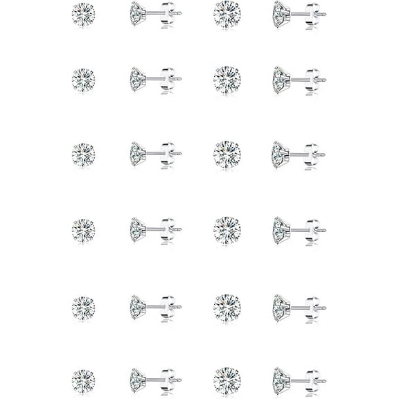 Cterwk 12 Pairs Stud Earrings Stainless Steel Flat Back Earrings 2mm-3mm Round Cubic Zirconia Stud Earrings Set for Men Women