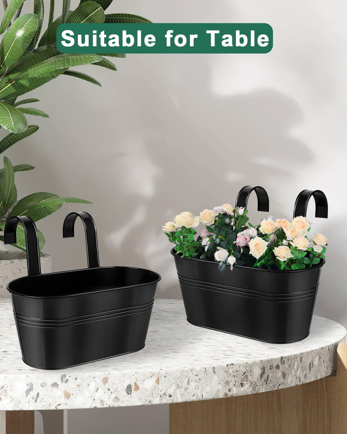 Metal Railing Planter for Outdoor Plants - 3 Pack Balcony Hanging Planter Box with Detachable Hooks and Drain Holes Oval Hanging Pots Fence Planters for Railing Garden Fence, Black