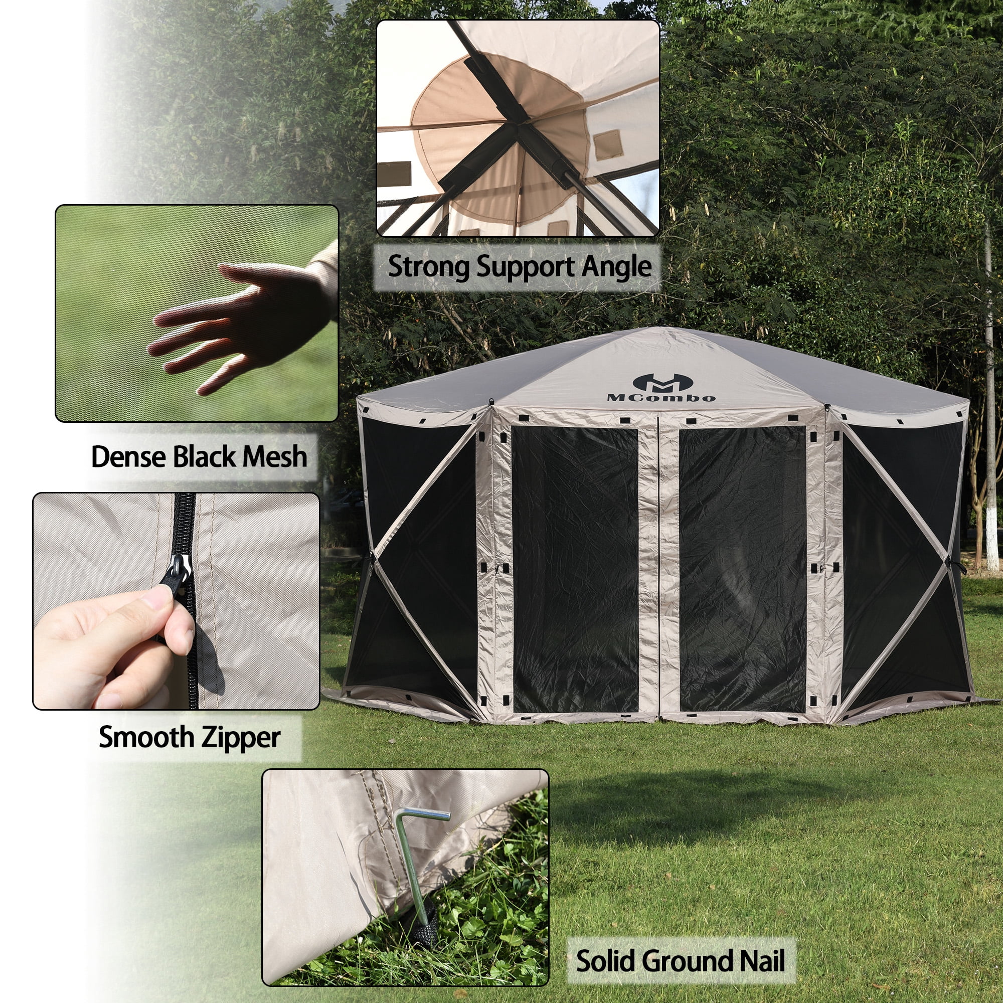 MCombo 6-Sided Gazebo Portable Pop up Tent Canopy for Party (6-8 Persons), Tan 1024