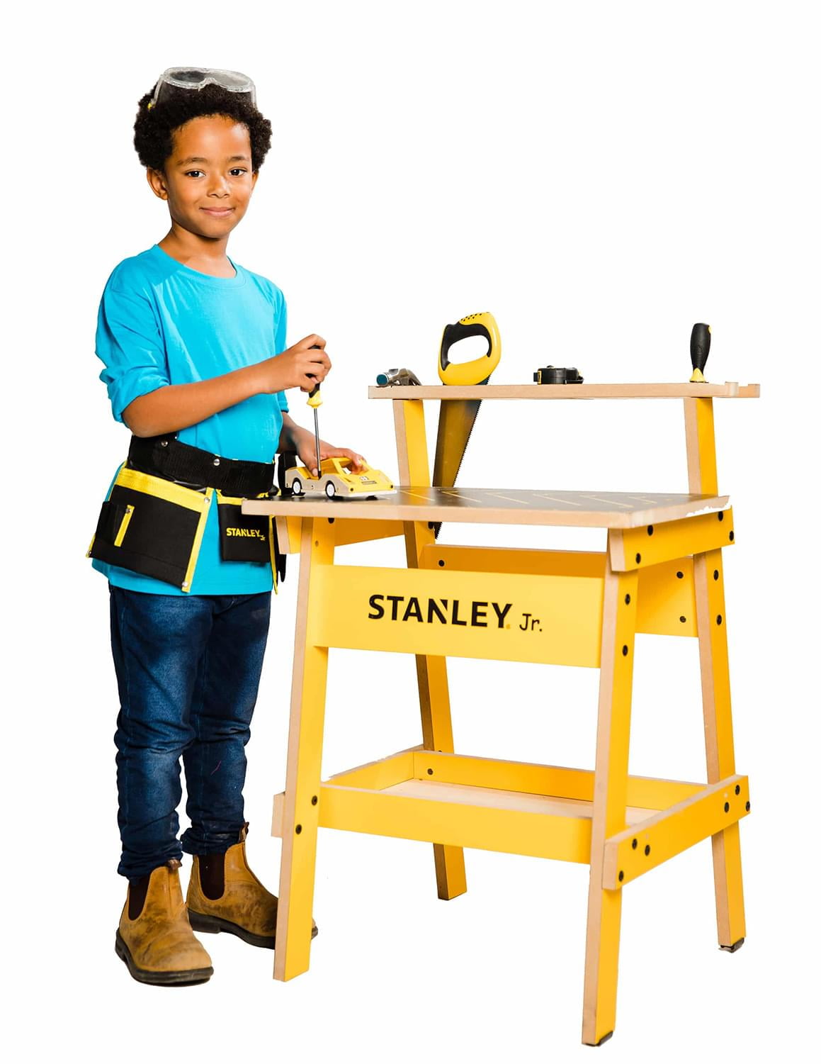 Stanley Jr. Kid's Wooden Work Bench with 10-Piece Belt and Ergonomic Tool  Set for Woodworking and Carpentry for Kids