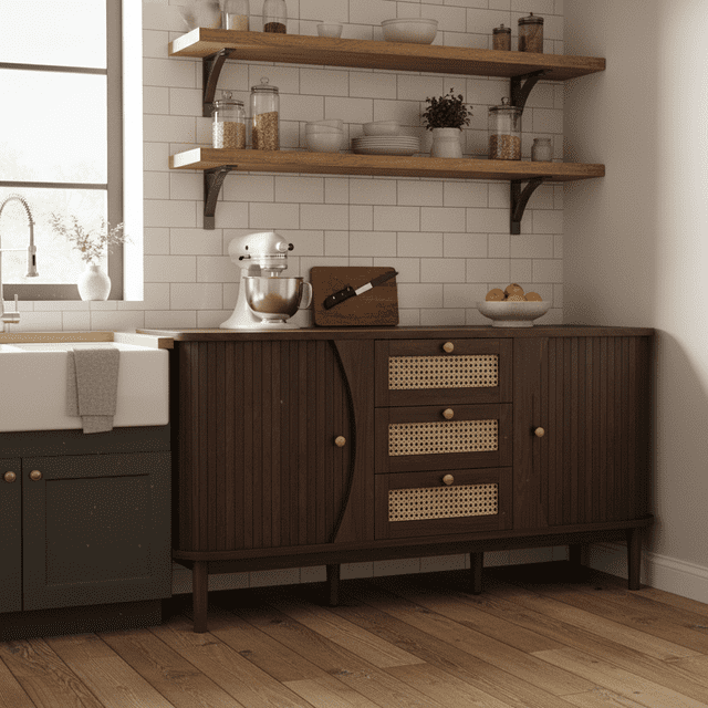 Homy Casa Rustic Walnut Side Cabinet with Wicker Drawers, Sliding Door, Adjustable Shelf & Rounded Top - 55.3" L x 15.8" W x 29.9" H