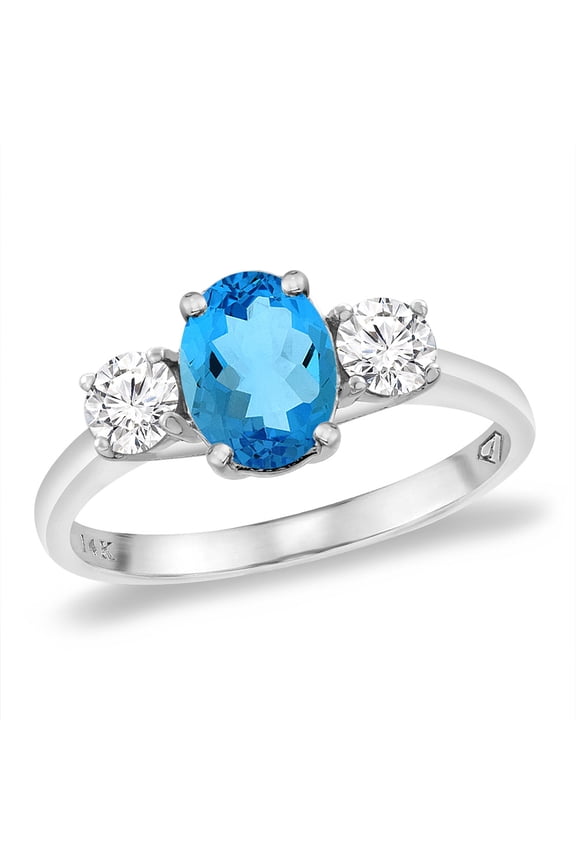 14K White Gold Natural Swiss Blue Topaz & 2pc. Diamond Engagement Ring Oval 8x6 mm, size 8.5