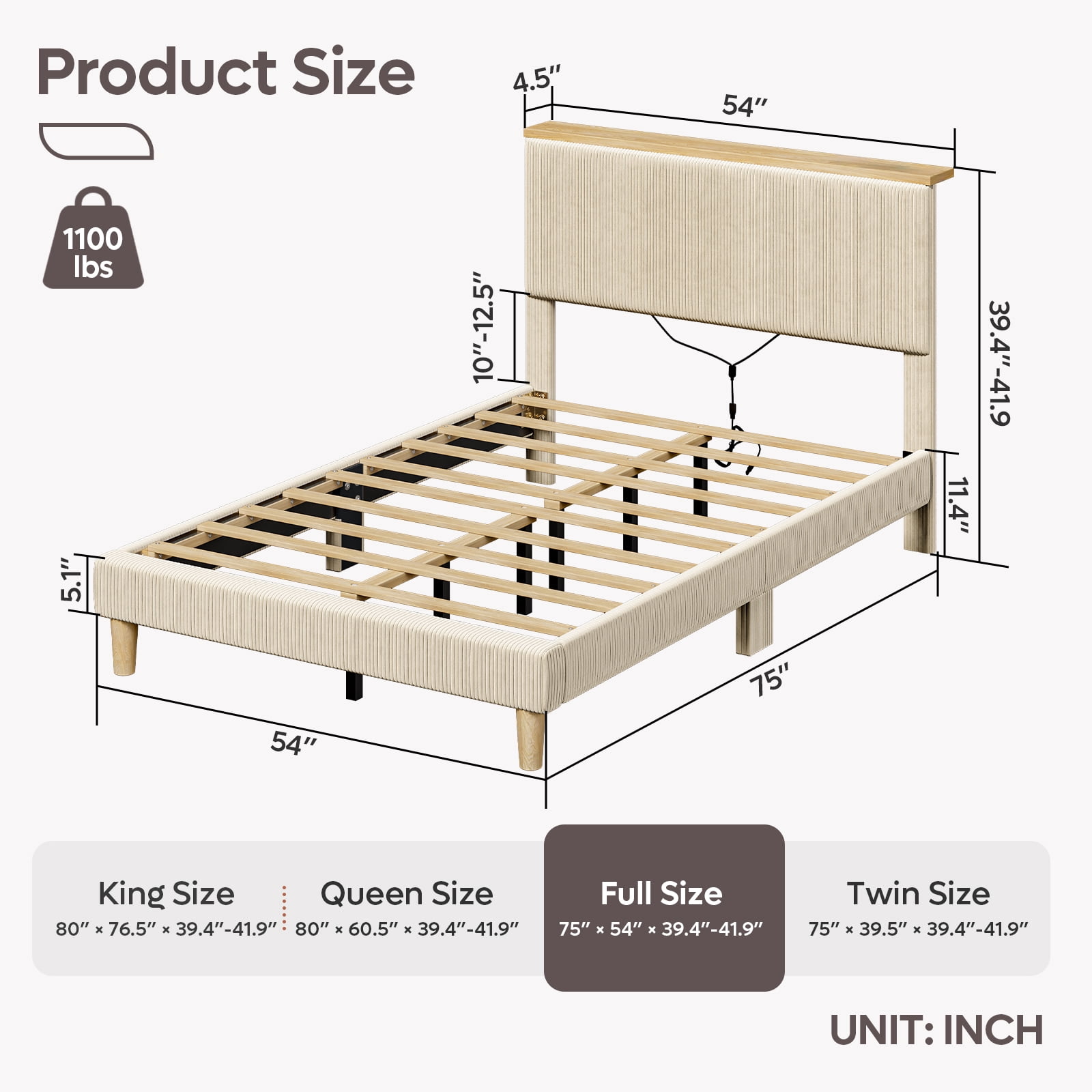 Bestier Full Platform Bed with Adjustable Storage Headboard Shelf, LED Corduroy Upholstered Bed Frame, Beige