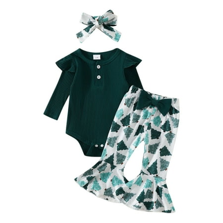 

Girls Long Sleeve Christmas Ribbed Romper Bodysuit Cartoon Prints Bell Bottoms Pants Headbands Outfits Gender Neutral Baby Clothes Newborn Baby Clothes Girl Zipper Sleepers