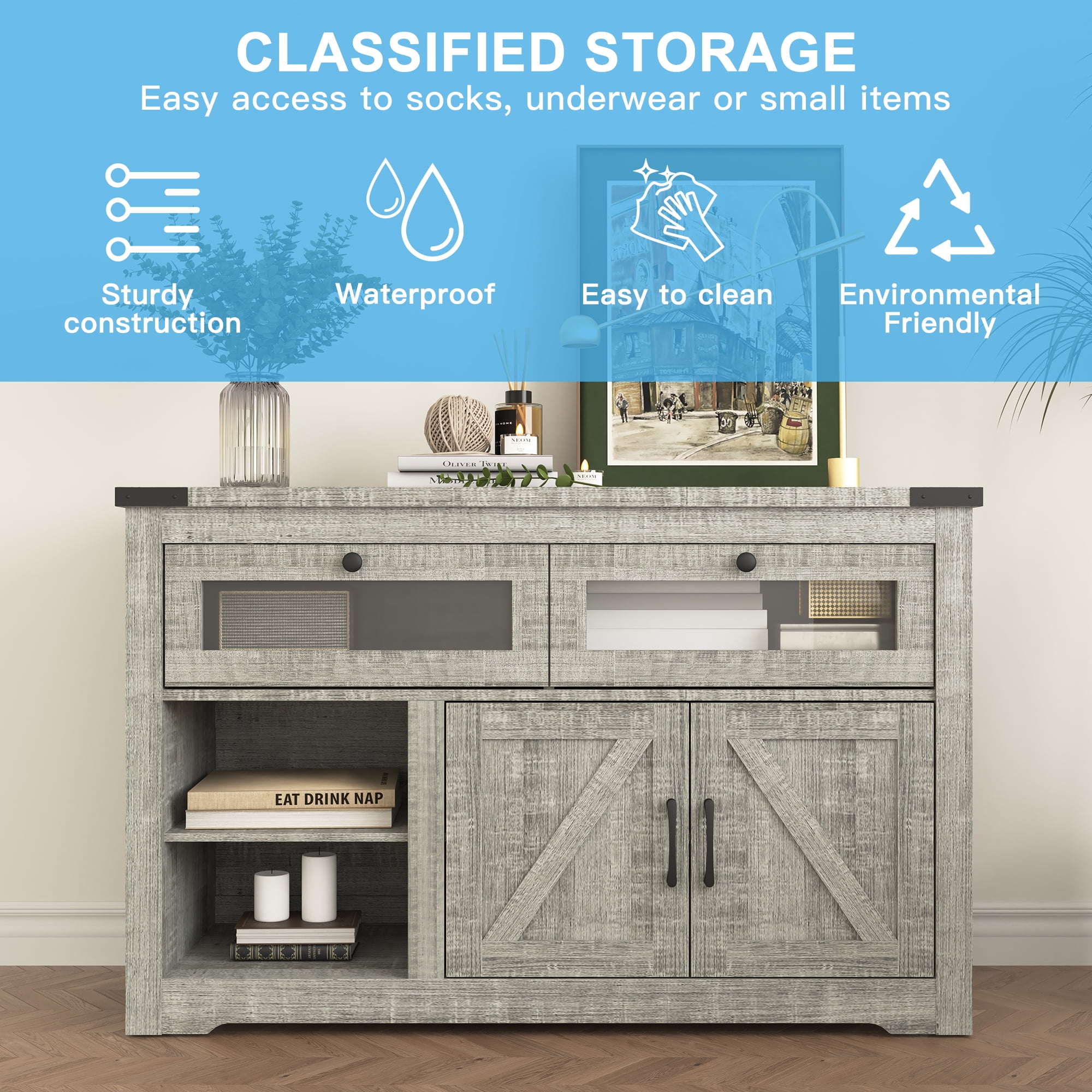 YYAo Rustic Wooden Chest of Drawers, 55" TV Stand Dresser with LED Light and USB Outlets, Organizer Storage Cabinet for Bedroom, Hallway, Entryway, Gray YYAo Rustic Wooden Chest of Drawers, 55" TV Stand Dresser with LED Light and USB Outlets, Organizer Storage Cabinet for Bedroom, Hallway, Entryway, Gray