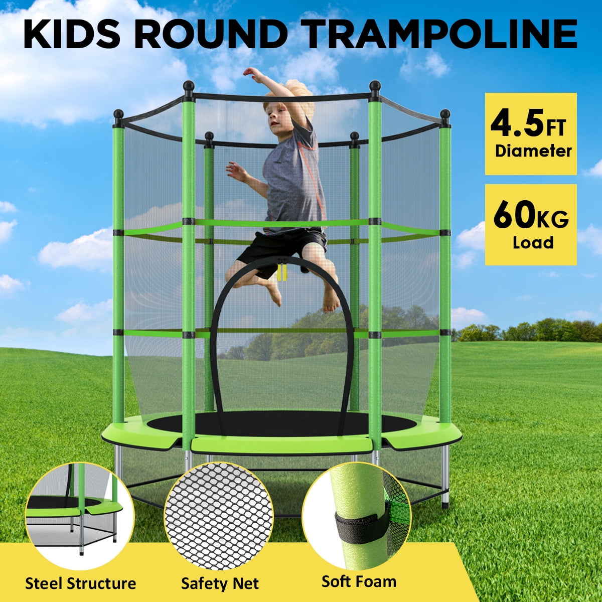 Topbuy Kids Round Jumping Trampoline Combo Bed Trampoline W/ Safety Enclosure Net Green