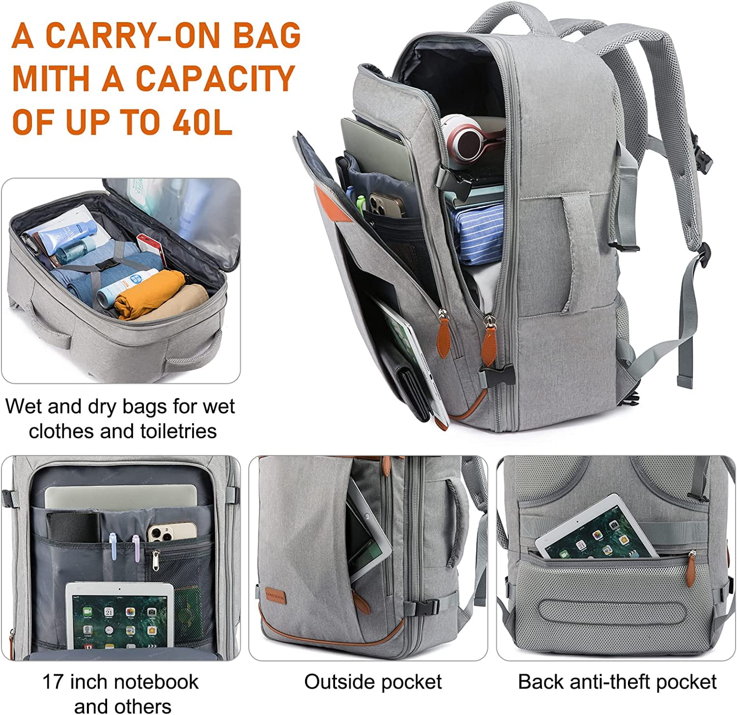 LOVEVOOK College School Backpack Men Women, 40L Expandable Carry On Luggage Set Airline Approved, Large Waterproof Suitcase Weekender Overnight Bag-Grey