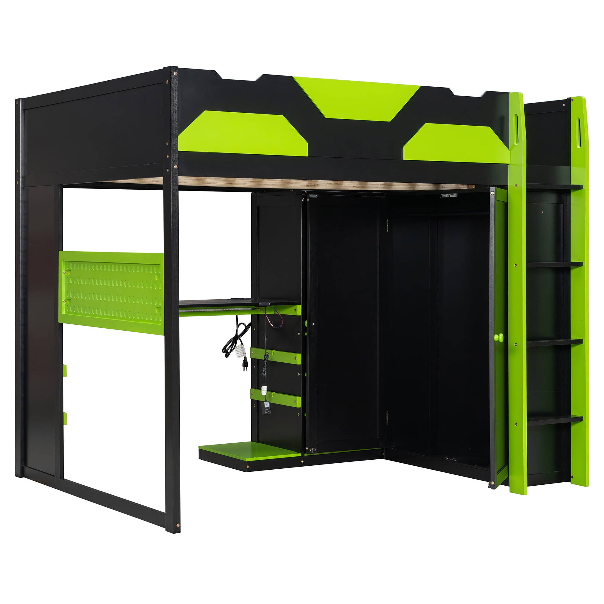 Mintazer Full Gaming Loft Bed with Adjustable Desk & Wardrobe, Modern Loft Bed with RGB Lights & Storage Pegboard, Black & Green