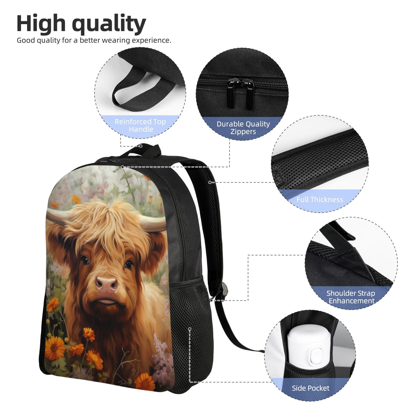 Horeoi Cute Floral Cow Print Waterproof 600D Oxford Laptop Backpack for School Travel Work - Lightweight Durable Bag with Adjustable Straps