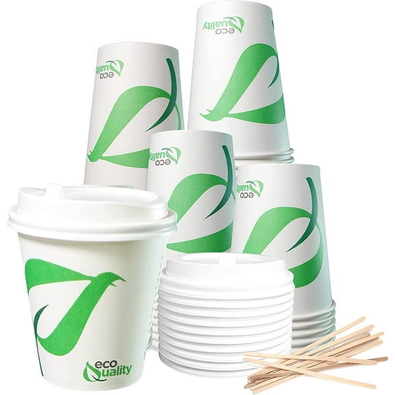 10 oz Compostable Paper Cups with White Dome Lids and Wooden Stirrers - Biodegradable Disposable White Paper Coffee Cups PLA Lined - Eco-friendly Hot and Cold Drinking Cups (25)
