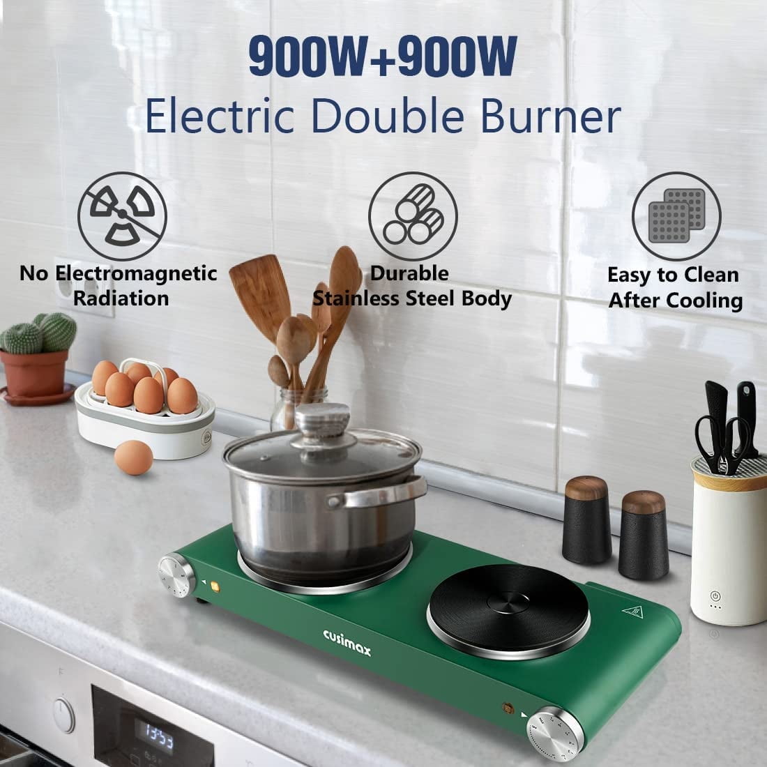 Cusimax 900W+900W Double Hot Plate, Portable Electric Double