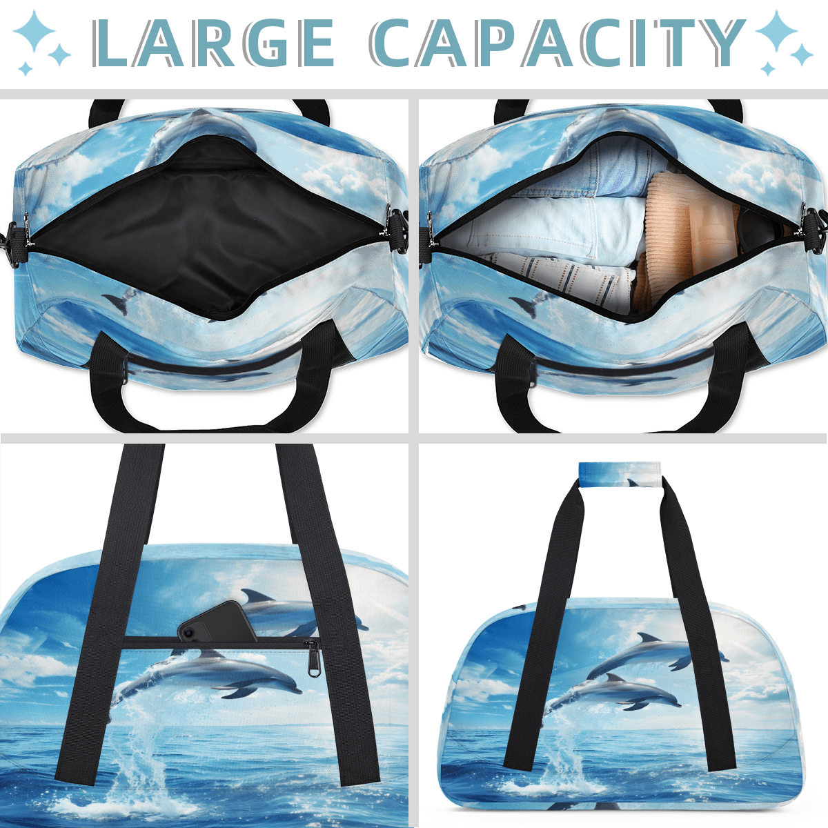 Herdesigns Ocean Sea Dolphin Sports Duffle Bag for Women & Men, Gym Bag Dance Bag Overnight Bag Carry On Weekender Travel Bag