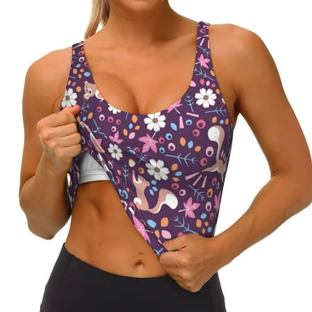 Qokaie Cute Squirrel Floral Pattern Womens Scoop Neck Sports Bra Breathable Workout Vest Padded U Back Medium Impact Fitness Gym Yoga Bra Workout Crop Top