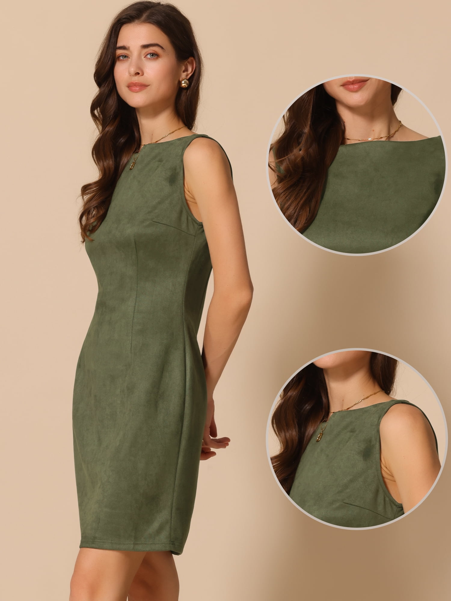 DARING DIVA Faux Suede Boat Neck Sleeveless Sheath Dress XS Army Green