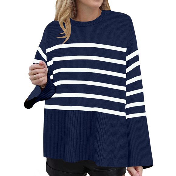 Virmaxy Chandail à Rayures pour Femmes à Manches Longues, Col Rond, Fendu sur le Côté, Surdimensionné, chandail Chaud Décontracté pour l'Automne et l'Hiver, Bleu Foncé m