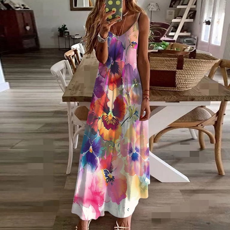 SMihono Women's Summer Beach Maxi Dress Spaghetti Strap Sundress Floral  Printed Loose Long Dresses V Neck Party Dress Pink 6 - Walmart.com
