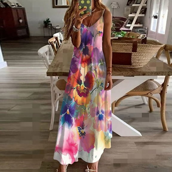 Xixinqiwan Sundresses for Women,Women's Sleeveless Printed Halter Long Dress Camisole V-Neck Dress,Floral Casual Dress Daily Wear