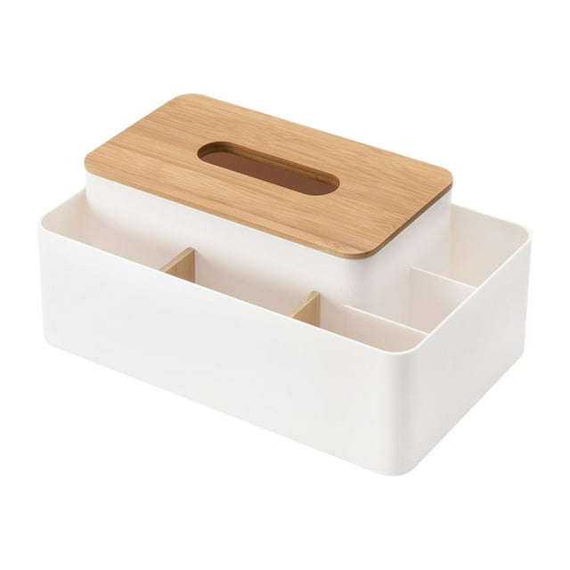 Organizador de escritorio de bambú, caja de pañuelos extraíble, divisor de oficina, soporte para teléfono, escritorio blanco